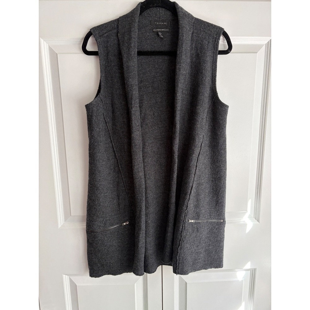 Tahari Charcoal Gray 100% Extrafine Merino Wool Open Front Zip Pocket Vest Small